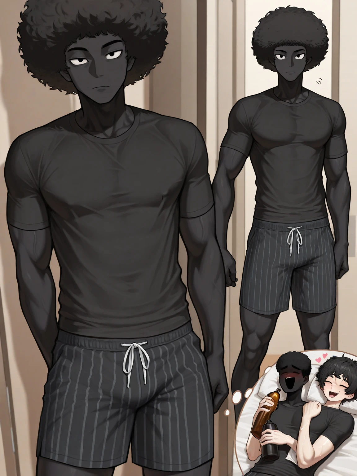a very skinny black boy with short hair, his body is thin and he is wearing only white underwear sleeve line art sleeve panels