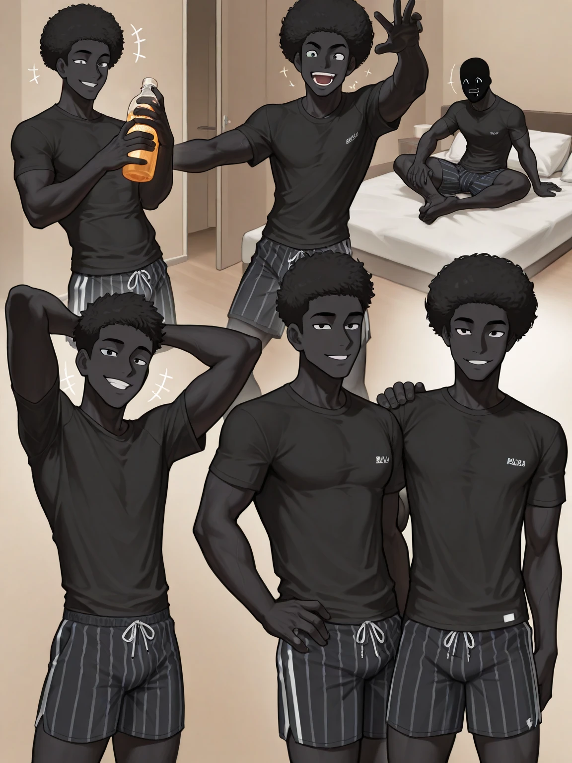 A heavy tanned dark skinned brown skinned boy with a blindfold and a plug gag, sitting beside a pale girl with no restraints, on a beach