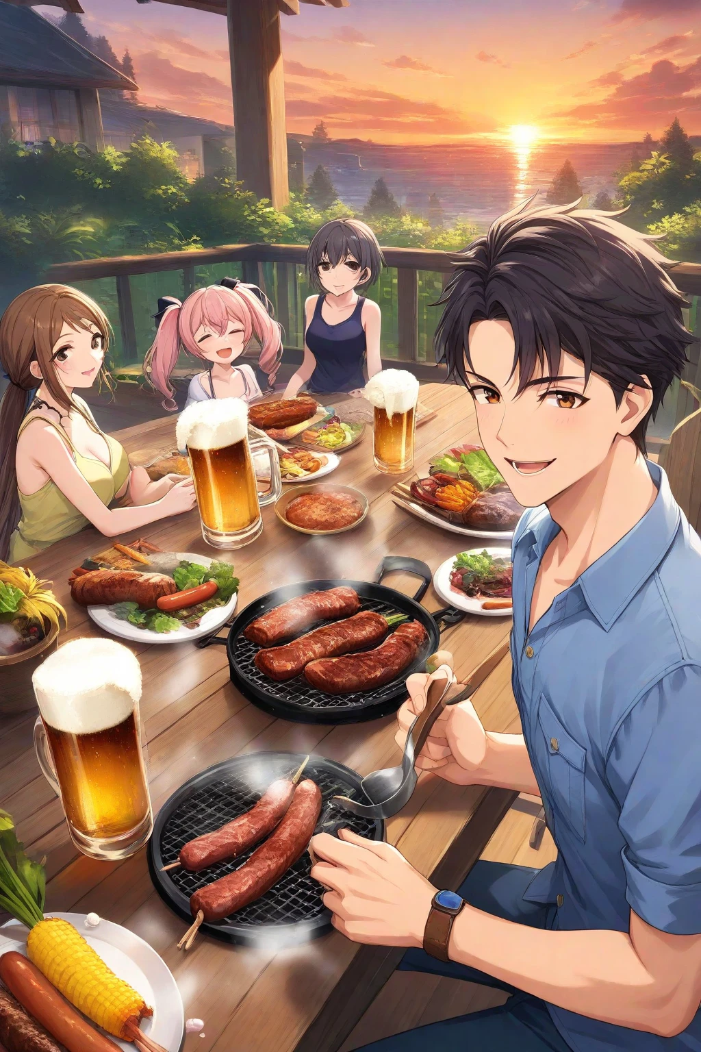 Three Girls、One Boy、Swimsuit、Yakiniku party on the beach