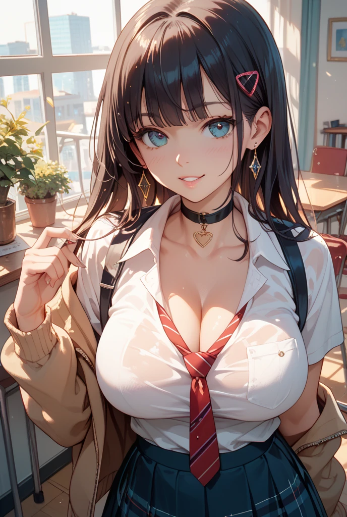 (masterpiece:1.6),(best quality:1.6), (ultra high res1.2),perfect proportion,(dark hair:1), ( black hair:1), (black eyes:1.1),(beautiful Busty breasts:1.5), cleavage, (beautiful girl:1.4),a girl,(medium bob hair:1.2),a sexy mole around the mouth,open mouth,(aroused:1.3), (embarrassed:1.3), (beige V Neck Sweater:1.1),(school uniform1), White y-shirt, open shirt, ,a red Checked bow tie, (upper body shot:1.3), (Looking up),cowboyshot,