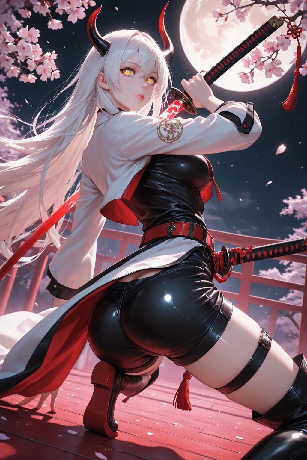 Girl , tall,long white hair , red eyes ,Big , thunder thighs, big ass, black shorts ,black demon hoodie , dark Oni face mask, swinging katana , mountain backround , looking to viewer