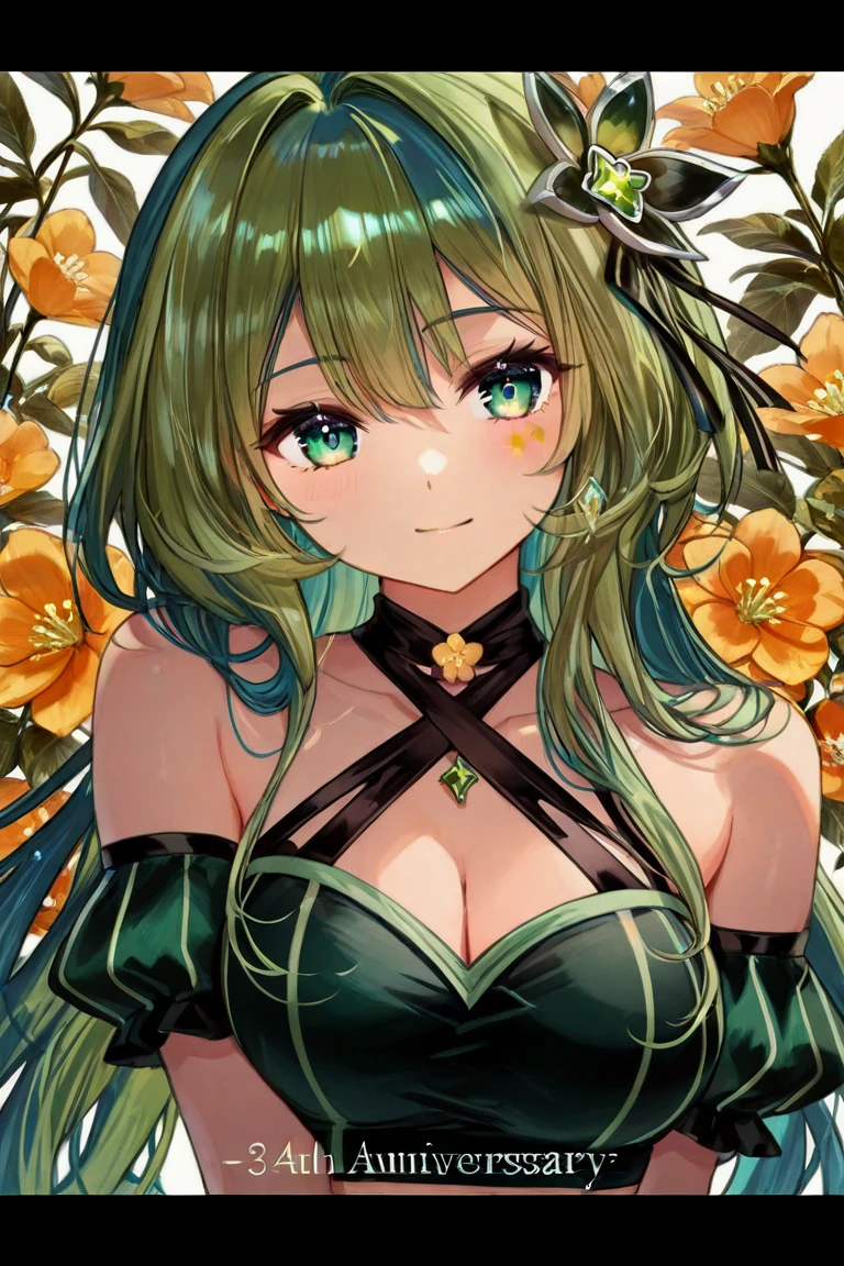 palla_easter,long hair,hair ornament,animal ears,deep cleavage,flower,pantyhose,hair flower,rabbit ears,leotard,fake animal ears,playboy bunny,white pantyhose,(large breasts:1.5),(shiny,hair),((solo)),((masterpiece)),((best quality)),perfect anatomy,slim waist,perfect image,8k UHD,(beautiful detailed eyes:1.5),extremely detailed face,standing,(upper body:1.2),(look at the front:1.5),(arms behindback),ultra-detailed,absurdres,highres,outdoors,smile,light green hair,(green eyes),
