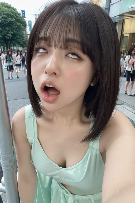 (Surrealism, RAW photo, Incredibly absurd, Nikon, 8k, super detail, masterpiece, intricate details),
(anatomically correct, perfect human body, beautiful and cute face, silky skin, realistic skin),
(16 years old, Japanese girl, idle face, Haruka Fukuhara, slim waist and busty body, Slender legs, large breast, baby face),
((round face, black hair, short bob cut, bangs, Down-slating eyebrows, Moist eyes, Shining eyes, one little earring, light blush)),
(turn body forward),
(Ahegao, cross-eyed, stick out tongue, smile),
(long sleeve shirt, photo upper body)
(in the city, large crowd of people, Lined with luxury buildings),