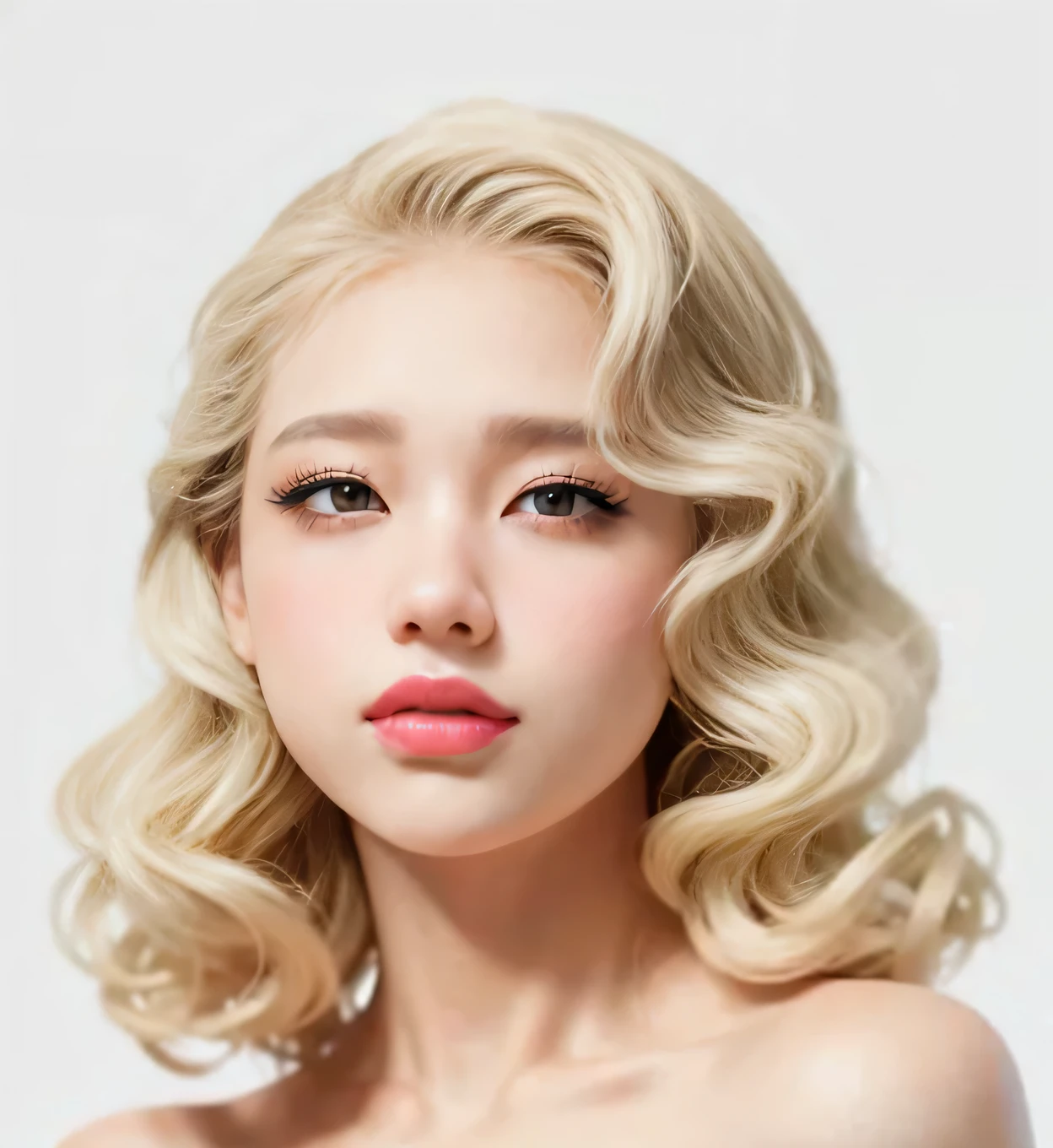 almond eyes, siren eyes, full lips, large and voluptuous breasts, flirtatious look, rostro delgado, mandibula fina