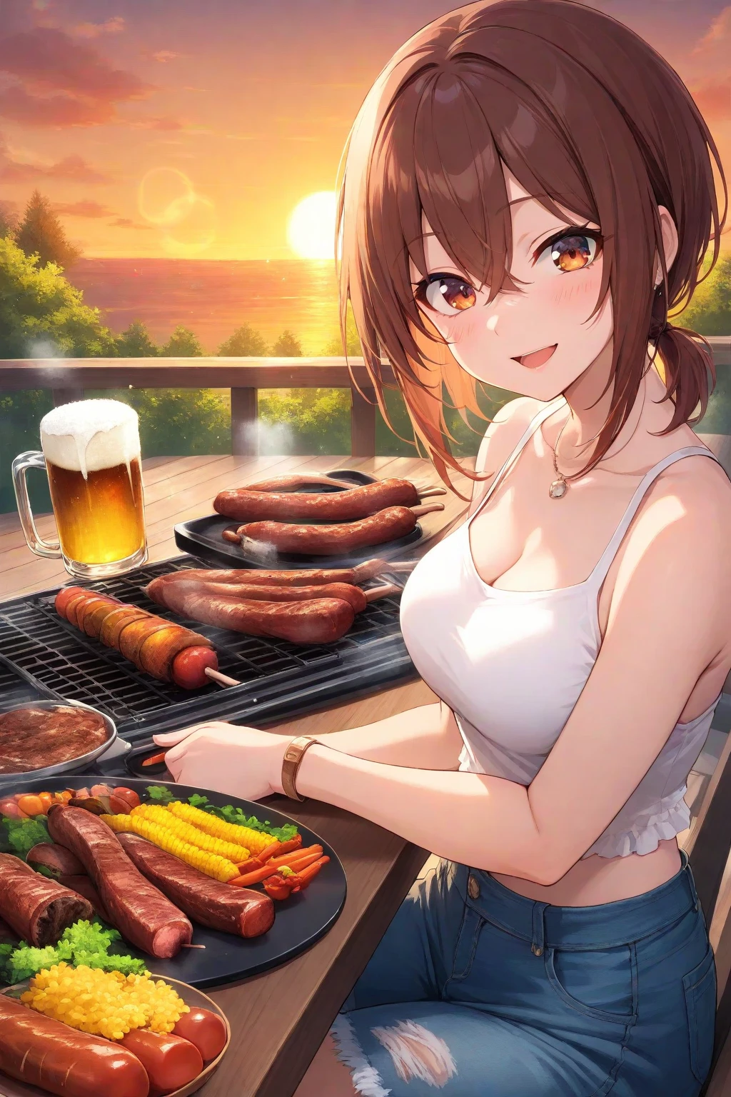 A woman in a tank top and full-zip shorts making salsa sauce at a taco stand Jeans have belts Belly button piercing There are side slits Big butt Detail the buttocks Detailing the groin area
