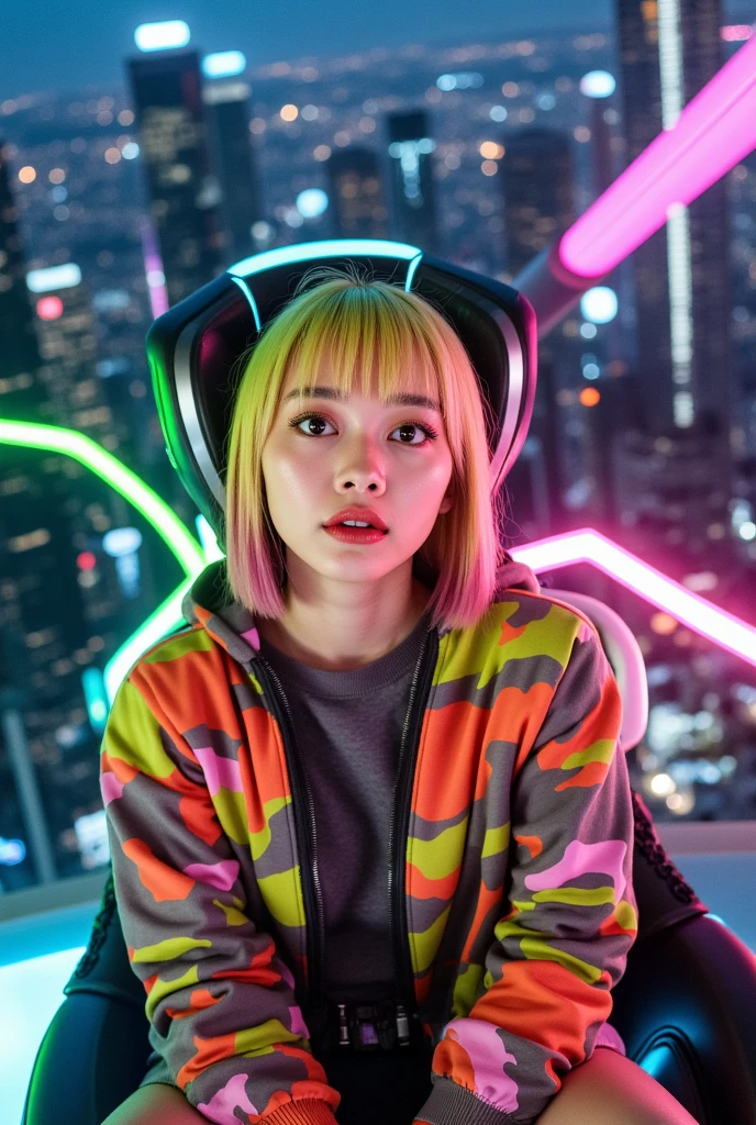 1girl, portrait, sitting, (pleated skirt, yellow green retro bomber jacket 80s), solo,cyberpunk, official art, unity 8k wallpaper, ultra detailed, beautiful and aesthetic, masterpiece,best quality, glowing skin, (floating colorful sparkles:1) the most beautiful form of chaos, elegant, a brutalist designed, vivid colours, romanticism, <lyco:[LoHa] Cyberpunk 2077 Anime Style (With multires noise version):0.6>