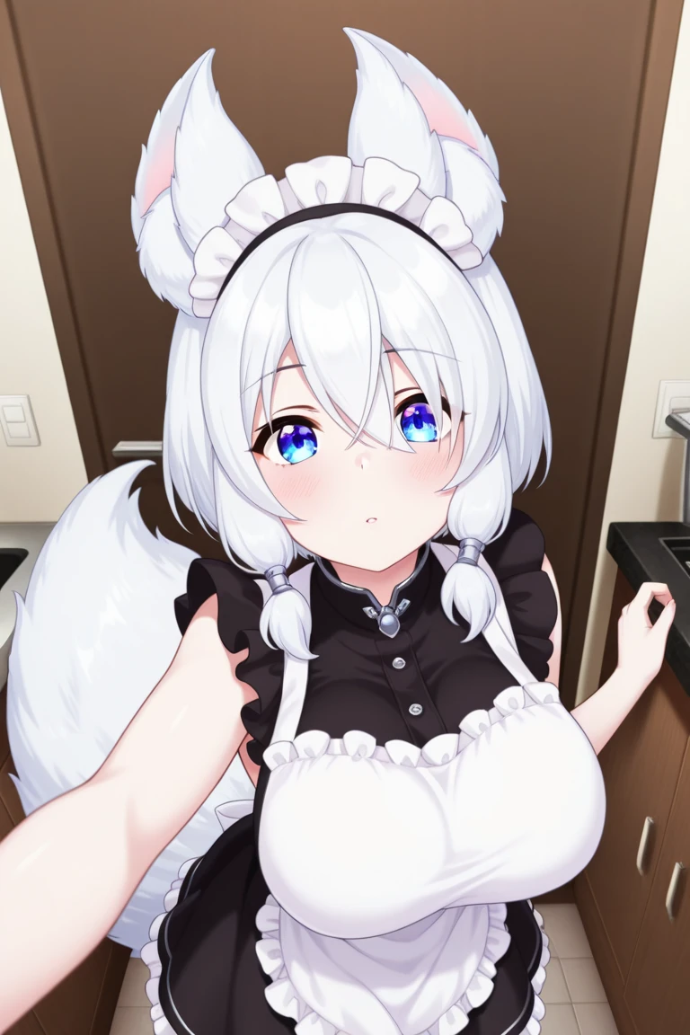 one girl, cat ears, white hair, naive, aphrodisiac, maid, light blue eyes, blush, erotic hypnosis, standing, face focus, shy, bow, heart eyes, 13 years old, fellatio