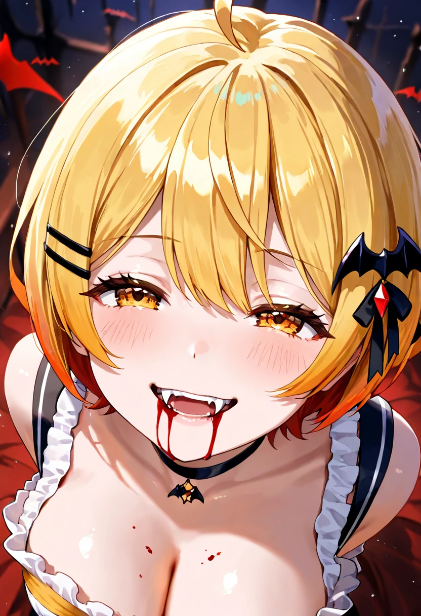 highest quality、4k、masterpiece、Short blonde hair、Slanted Eyes、Sharp Eye、Light blue eyes、vampire、Ruthless smile、Licking bloody fingers、Sticking out tongue、Blood on the face、Lots of blood、high school student、Large Breasts、darkness、Aggressive、insanity、Murderous Intent、cool、whole body