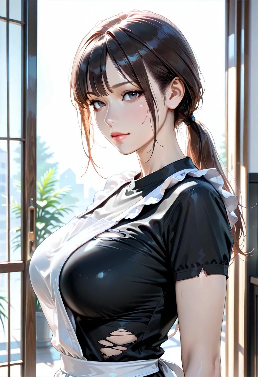womam,woman,solo,juri han, work of art, tight white secretary shirt with black tie, black high waist skirt, short skirt, black hair, black tights,evil smile,office,franja nos olhos,lighting,chifre de cabelos,view from above,olhando para cima,maquiagem nos olhos
