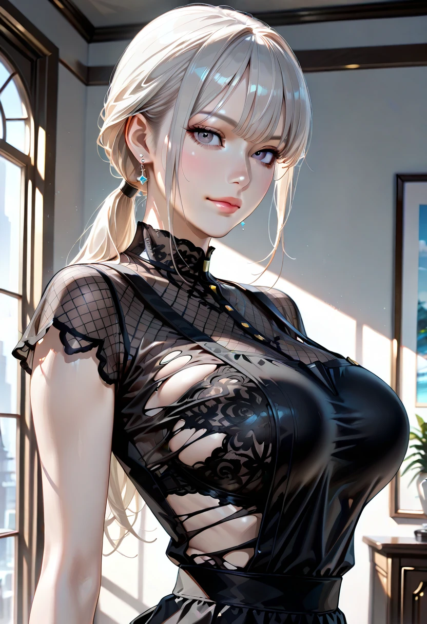  Beautiful sexy cool edgy  tall, slim, fit woman, intricate and highly detailed, big firm heavy breasts, deep cleavage, bob silver hair, body chain, diamond jewelry, sparkly, shiny, wlop, round premium , sexy , amazing boobies
