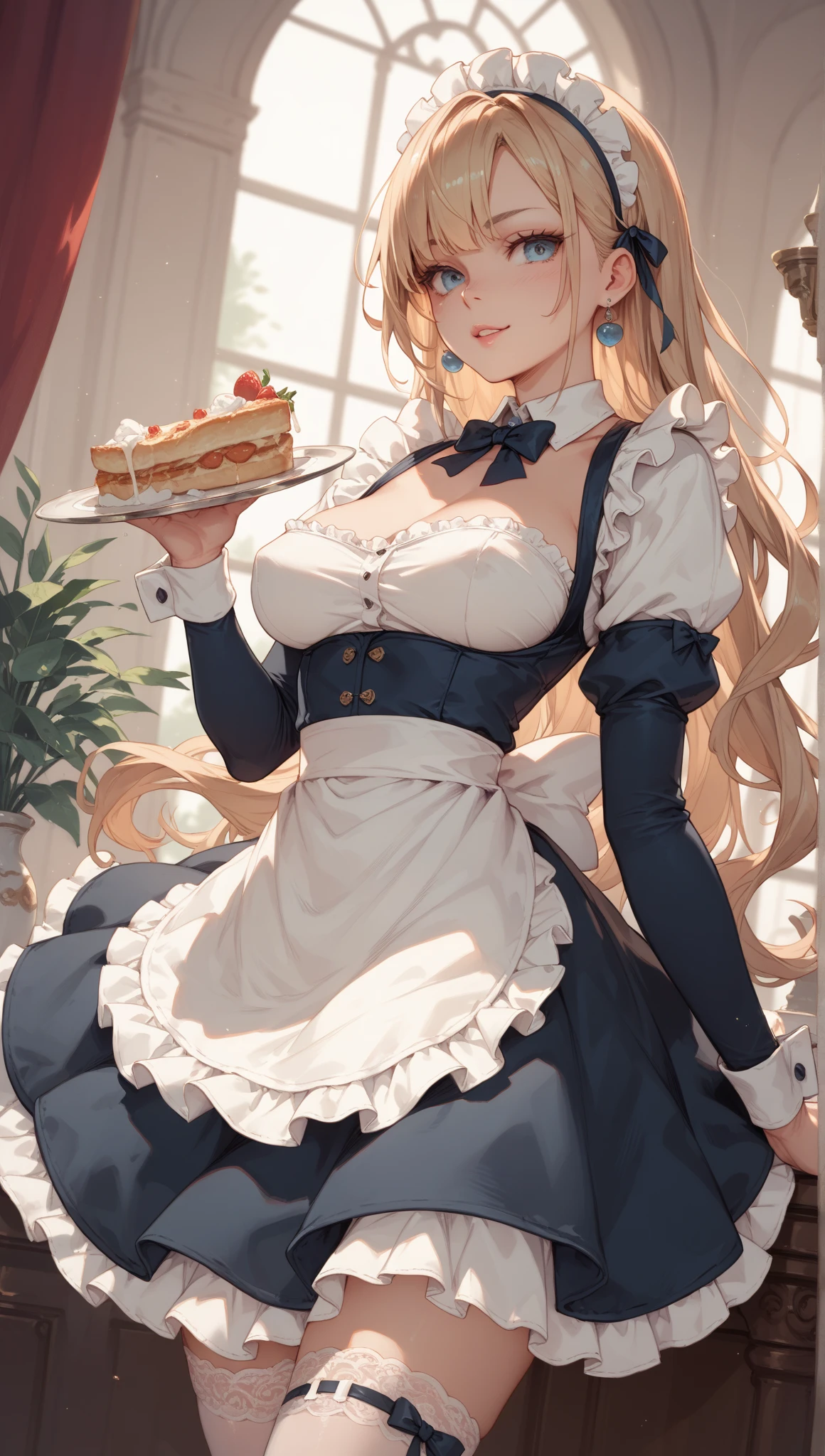(mouse ear), heavy busty, black skin, maid, long hair, cake beater, medieval maid clothes, medieval background