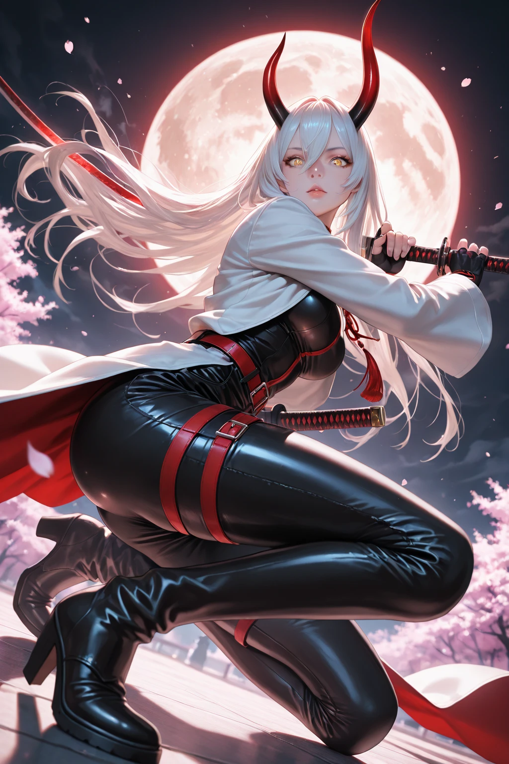 (anime:1.2), 18yo Girl, sexy outfit , sitting, Margot Robbie (Masterpiece, 4k resolution, ultra-realistic, highly detailed), (Super white royal theme, charismatic, there's a girl at the top of the city, wearing a kimono, she's a samurai), [ (25 years old), (long white hair :  1.2), full body, (blue eyes:1.2), ((Spider-Man pose),show of strength, jumps from one building to another), ((gritty urban environment):0.8)|  (city view, at night, dynamic lights), (full moon))] # Explanation: Prompt mainly describes ultra-high definition, very realistic, very detailed 4K painting.  It shows a samurai above the city, wearing a kimono.  The theme of the painting is that of a white-skinned samurai girl, the female protagonist with long white hair, is 25 years old and her entire body is featured in the painting.  In terms of depicting samurai actions, a katana is used --auto