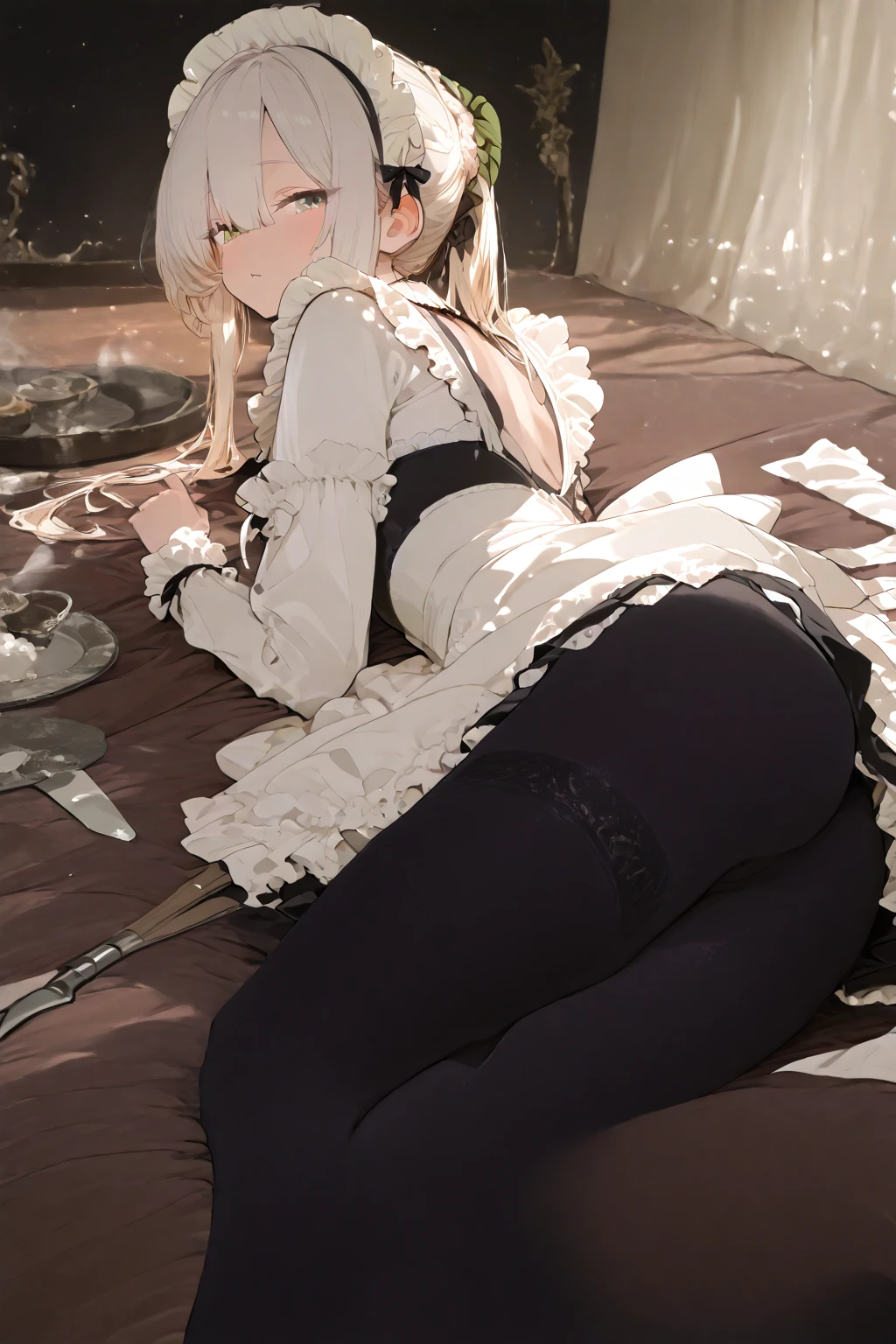 (masterpiece, high resolution,ultra - detailed:1.0),1 girl,Young and beautiful women,eye looking to camera,Perfect female body, big beautiful elongated breasts, breast cup h, Extremely long breasts, Extremely detailed CG,Unity 8k wallpaper,Complicated details, solo person, (skimpy Maid clothes), French Maid Open Uniform, short skimpy Maid dress, lace stockings, color difference, Depth of field,dramatic shadow, Ray tracing, Best quality, Cinematic lighting, Beautiful young maid, manipulative cunning, sly dominant maid, cruel, deceitful, fake smiles,blonde, sagging breasts