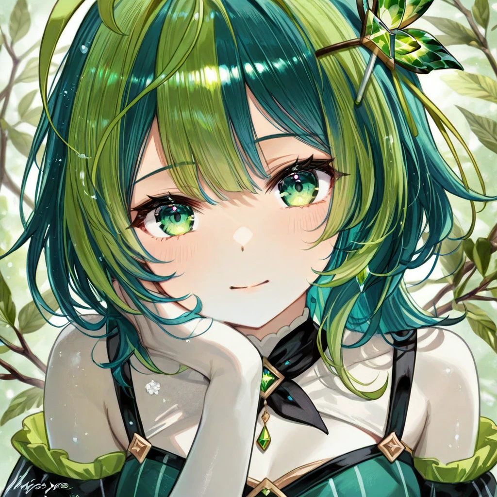 1girl, solo, green skin, green eyes, big eyes, long eyelashes, green hair, short hair, shiny hair, , green dress, apron dress, floral print dress, green belt, purple scarf, green leggins, looking at viewer,  arms, disgust face, narrow waist, big , covered ,