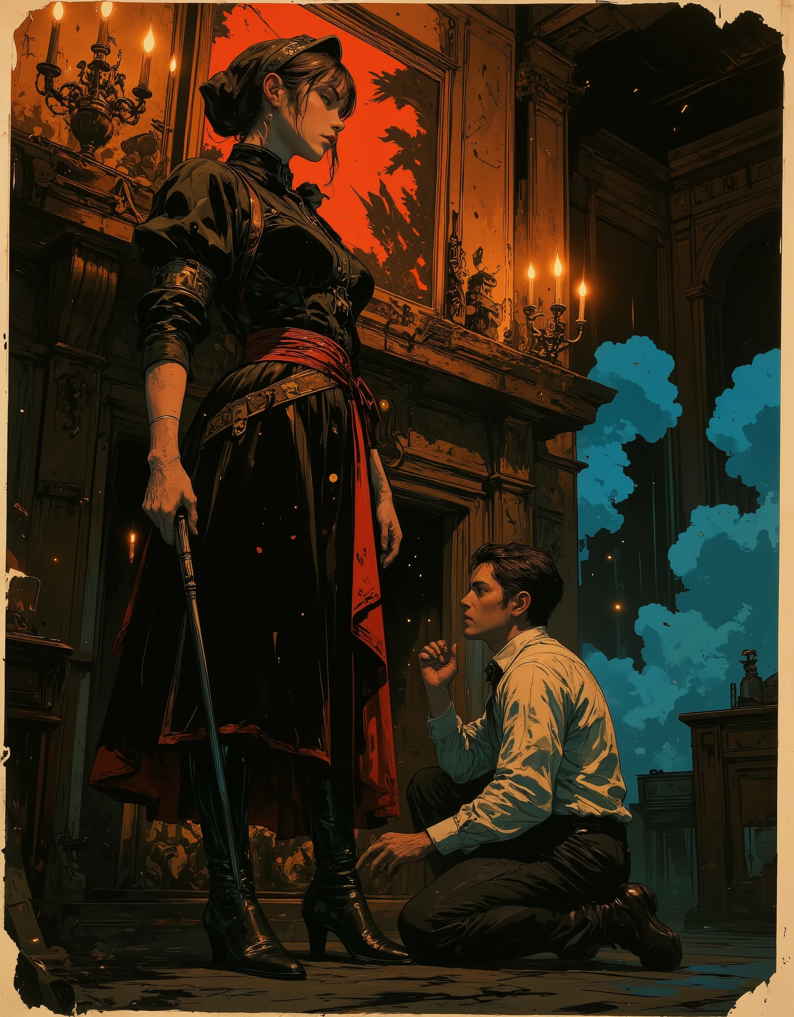 A tall maid in black and crimson velvet stands arrogantly beside the fireplace, a riding crop in hand. her foot is placed on the man's face, Her hair is wrapped in a silk bonnet, her boots polished like mirrors. A heartbroken man kneels before her, begging for another chance. The chandelier above flickers with static as her eyes flash cold blue. Strong lighting contrasts, , stylized like a graphic novel cover. she is dressed in black velvet, tight-fitting and even sinister in appearance, her demeanor hinting at an ongoing doomed love affair. an ominous mood, chilling atmosphere, smoky ambiance, cinematic composition, detailed, intricate, medium contrast, murky blue and green back lighting, volumetric lighting, Frazetta, Steranko, James Bama, classic fantasy art, lurid and vivid colors, perfect anatomy, masterpiece, HD, 8x, "anatomically correct human" "realistic proportions" "natural human pose" "full figure, accurate anatomy" "correct fingers and joints" 1950s cinema, moody lighting, chiaroscuro, Italian pulp comic color palette, saturated dark orange tones and dark muddy greens, sparse red tinges on the edges of objects, film grain, foggy lens, dramatic shadows, unnatural angles, the edges of image are slightly worn and dark, Suspended reality and dreamlike quality, Symbolic and grotesque imagery, Intricate lighting and shadow play, Stylized color palettes, Dynamic framing and composition