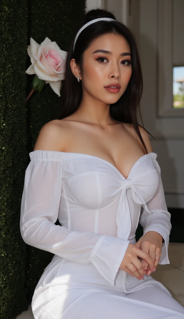 ((Photo on a veranda)),Nikon Z 85mm, high resolution, an 18-year-old woman (((white skin color))),((whole body)),face details to perfection, Maria Carey's face, kim kardashian body, sumptuous body, luminous smile, gracefully adapts to a chic Silhouette,((lantern lighting)),(((she wears a black dress))), very expressive position, high detail, ((hyperrealism)),(((cinematographic quality))),((skin pore detail))
