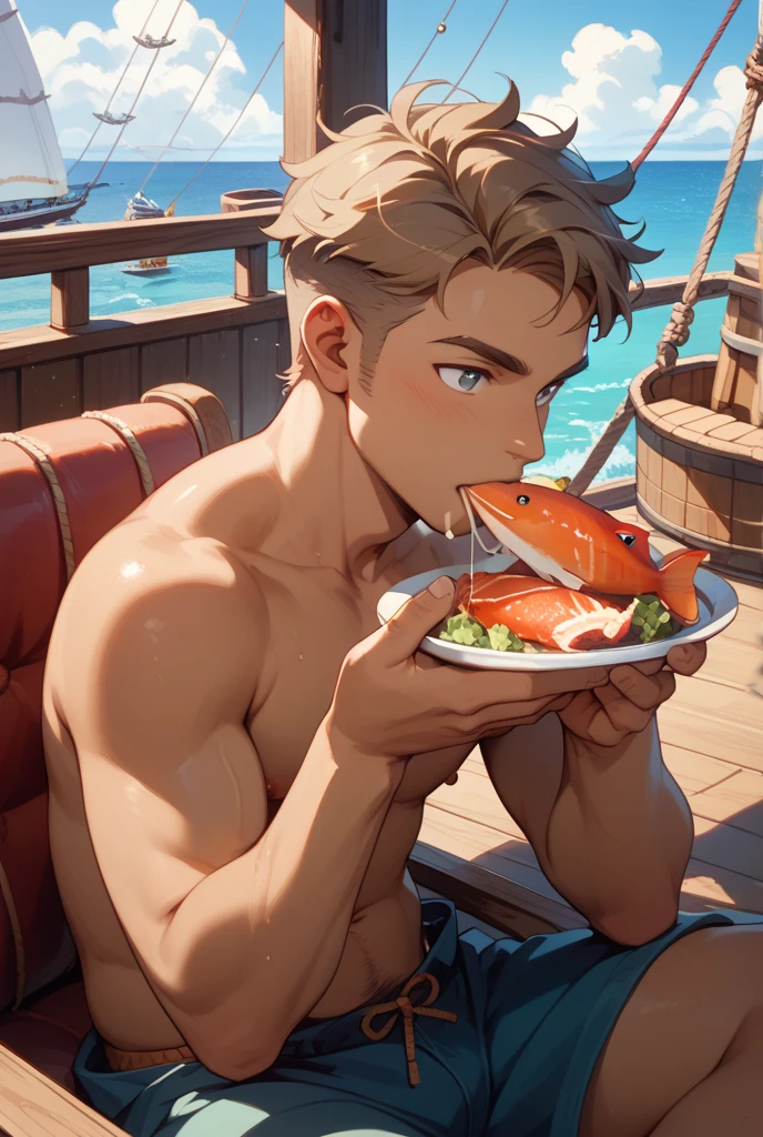 a man, orange hair and beard, on a beach sitting on a blanket, drinking a pineapple smoothie.
