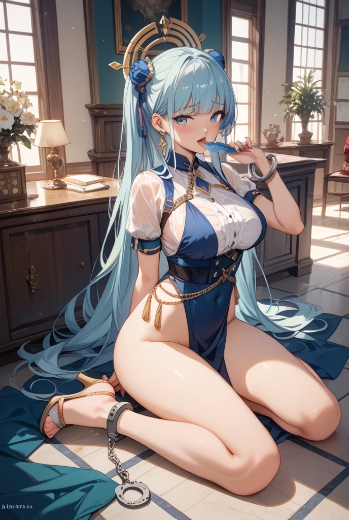 (Enrich the picture,Masterpiece level quality)Beautiful 8K CG artwork,Goddess-like posture,Kneeling exercise,Slim and soft,Translucent skin,White hair、The beauty of extra-long hair, Super Long Straight Hair,The skin is fair and juicy,Underwear uniforms,Perspective Part 1.2x enhanced silhouette effect,Exquisite transparent blues pattern in pajamas,The details are intricate and exquisite,The background is slightly blurred,Charming and lustful leg seduction,Drool,Extra-large big breasts,Blush,Japan goddess,Perfect body slim curves,