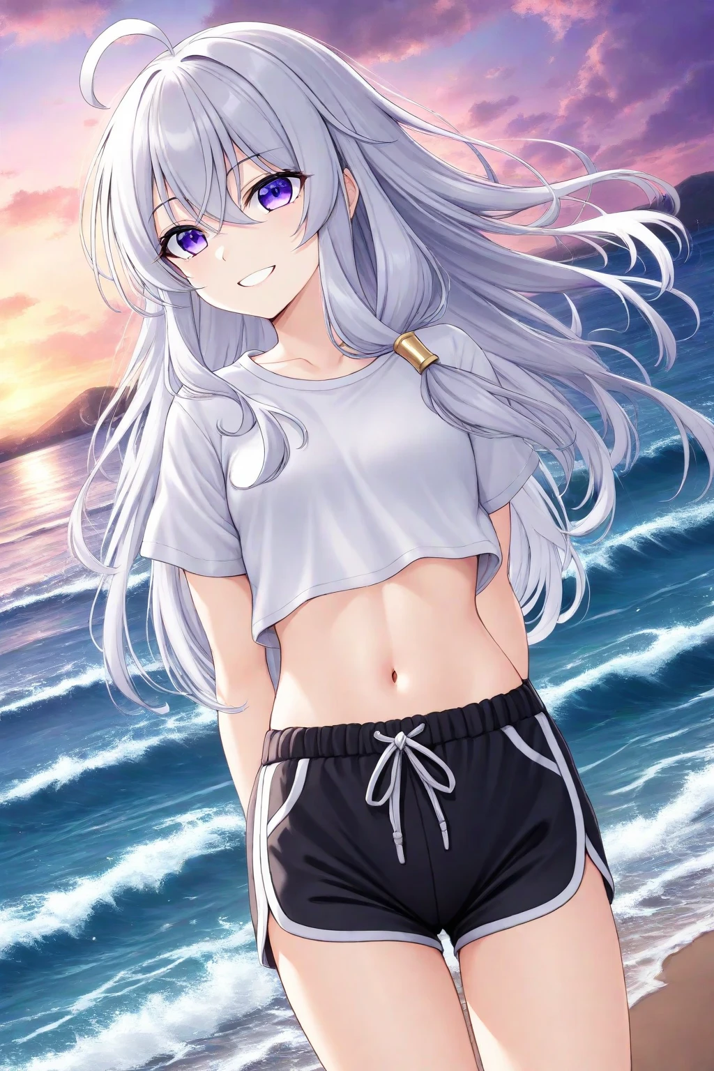 One girl, White hair with blue tips, light blue eyes, small, young, beach, White sport bra,  Short black shorts, Thigh highes 