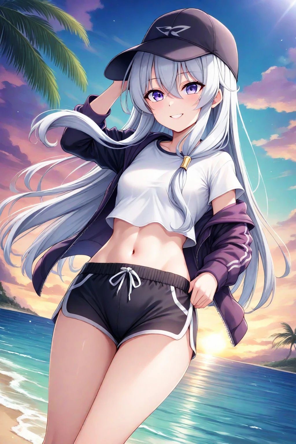 （tmasterpiece）、（Need）、ultra - detailed、1girl、hoshino、Buble、Low double ponytail、（swim wears）、sun glasses、（a white bikini）、（blue jacket）、ssmile、standing on your feet、sea beach、exteriors，