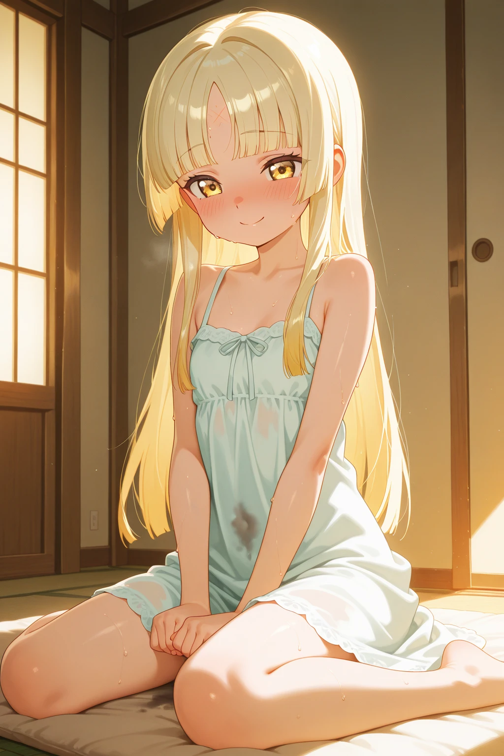 naked blonde fox ears girl wearing bracelets. Open mouth in a happy playful expression. She is sitting on the bed with spread legs. Dawn lighting. There's a forest outside window
