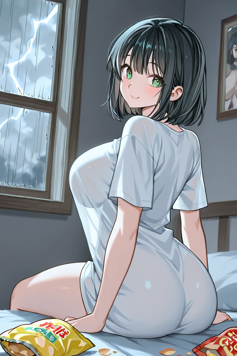 (obra maestra, Mejor calidad:1.2), (obra maestra, Mejor calidad:1.2), 1girl, breasts, solo, open eyes, black hair, indoor, night, nude, collarbone,  medium breasts,  closed mouth, short hair, bangs, wet, cleavage, blush,  ver atravez, wariza, relaxed, nipples, looking away, spread legs, pussy, sobre la cama, (from side:0,7)