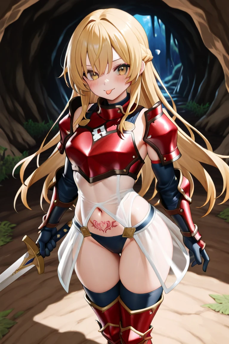 ((masterpiece)),((best quality)),ultra-detailed,illustration,1girl, solo, blonde hair, long hair, thighhighs, weapon, braid, sword, cross, blue eyes, skirt, red thighhighs, thigh boots, hair over one eye, single braid, ribbon, ahoge, glowing weapon, hair ribbon, boots, detached sleeves, zettai ryouiki, looking at viewer, green eyes, holding, very long hair, breasts, glowing,Beautiful body,Beautiful Nose,Beautiful character design,perfect eyes,perfect face,alluring,wallpaper,perfect lighting,Colorful,ultra highres,4K,photography,8K,HDR,highres,(groin),inoue orihime,(Beautiful, small breasts:1.2),(beautiful face:1.2),(narrow waist),(full body),shiny skin,nsfw,anime screencap,closed mouth,smile,<lora:Kamishiro Hikaru:0.7>,