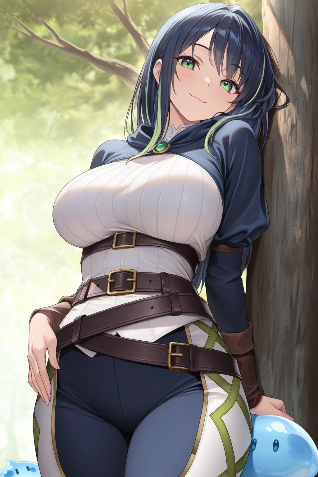 rem  exposed belly, neck chain, long black hair, beautiful face, green eyes, cat ears, cat tail, standing, light  smile, knee boots, (masterpiece:1.2), best quality, absurdres, extremely detailed wallpaper, perfect lighting, cowboy shot, simple background, ((1girl)), (looking at the viewer), ((taut clothes)), :d, excited, aroused, ahegao, (((bursting breasts))), ((((gigantic breasts)))), (BEReaction), (((Breast expansion))), Rem Galleu, Pantherian girl, short, long black hair, waist-length hair, black ears, black tail, rare black color, cat-like green eyes, almond-shaped eyes, expressionless, doll-like, strong volition, slender body, ribs lightly showing, toned arms, toned legs, attire, functional clothing, stylish vest, attached shoulder pads, hanging jacket, layered look, wide leather belt, numerous pockets, resourcefulness, layered cloth skirt, skin-tight short shorts, spats, ((cleavage))