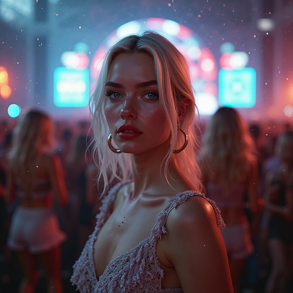 Beautiful girl in full growth, with white skin, light gray hair, Professional full-length photo, realistic, against the backdrop of a crowd at a party, dark atmosphere, Light music, Light show, wearing a voluminous wide T-shirt
