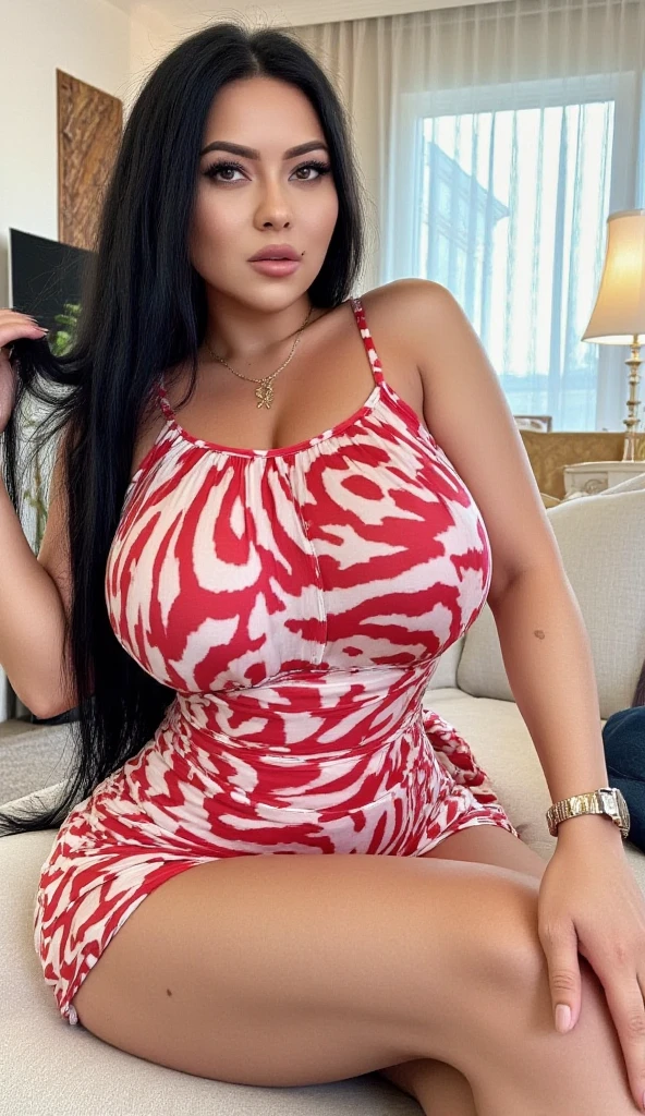 RAW, Best quality, high resolution, masterpiece: 1.3), beautiful Arabian woman, Masterpiece, rain, perfect wet soaked body, wet clothes, (huge breasts:1.5), cleavage cutout, open breast, black chignon hair, open stand, realistic, (heavy hairy pubic:1.3), Soft smile, thick thighs, woman standing in the waterfall in a dark red batik patterned kebaya short dress, she is about 20 years old, pale white skin, wearing a sexy red kebaya dress, arms up