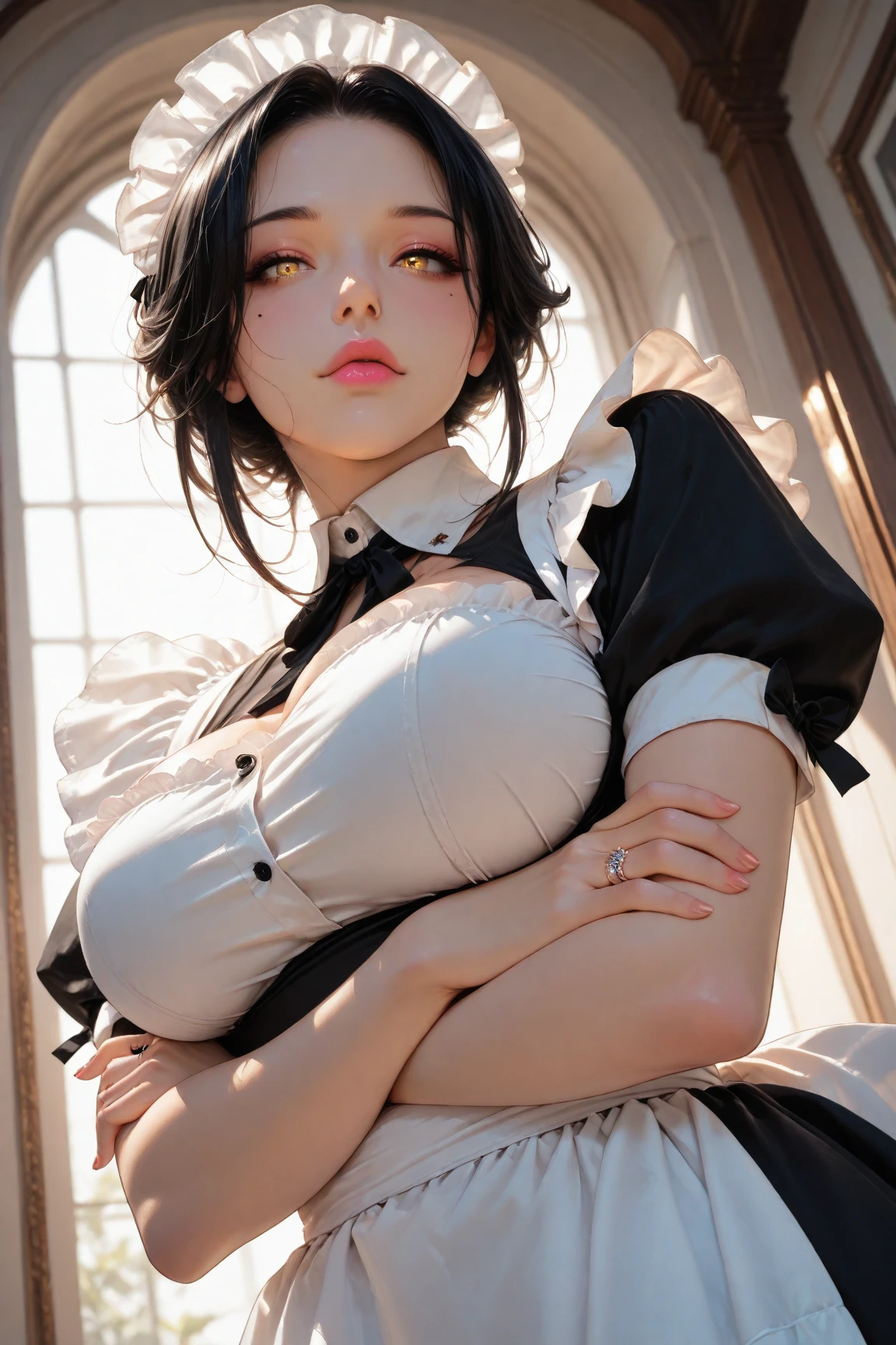 1girl,((35 year old mature woman)),(((maid victorian costume)),((((1 girl))),(blue eyes)),(Very Intense Makeup)),woman smiling,((red lipstick)),((woman in makeup)), short hair, black hair,(((huge breasts))),(((cleavage))),(((huge breasts))),(((solamente))),cuerpo perfecto,manos perfectas,cara perfecta,
