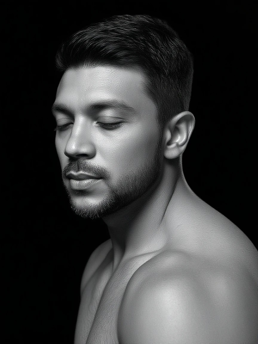 Make an emotional male model, laying down,black and white