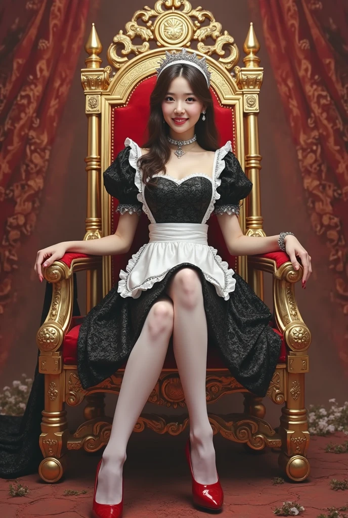 Sadistic temperament elegant queen, open legs, half squat, jewelry, crown, light evening gown, crystal thin soled pointed toe stiletto heels: 2, big breasts white stockings, abuse
