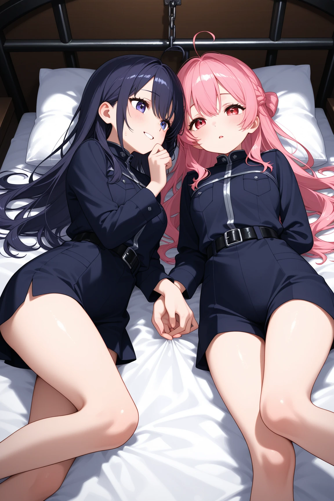 multiple girls, 3 girls, closed eyes, school swimsuit, sailor collar, clone girls, high socks, loafer, holding gun, corpse, injury, dirty, bleed, aligned in a row