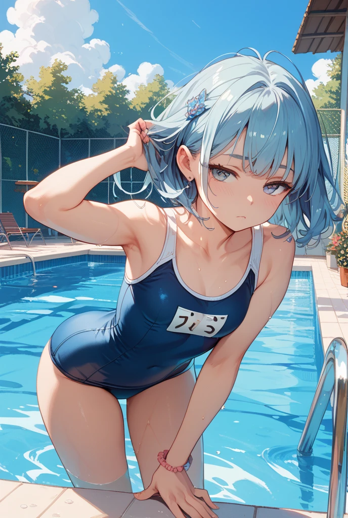 (Unity 16K Wallpaper, masutepiece, Best Quality, Ultra-detailed, extremely details CG, Caustics, Cinematic lighting, Detailed, Beautiful detailed eyes, Solo,Pool side),Ultra High Resolution, Fine skin、A sexy,NSFW,(School Swimsuit:1.3), small tits、14 years old、Blue eyes、blue hairs、Perm Hair, blush, angry,Sitting, Spread legs wide, a pixie cut、The whole body is soaked and wet、The whole body is soaking wet