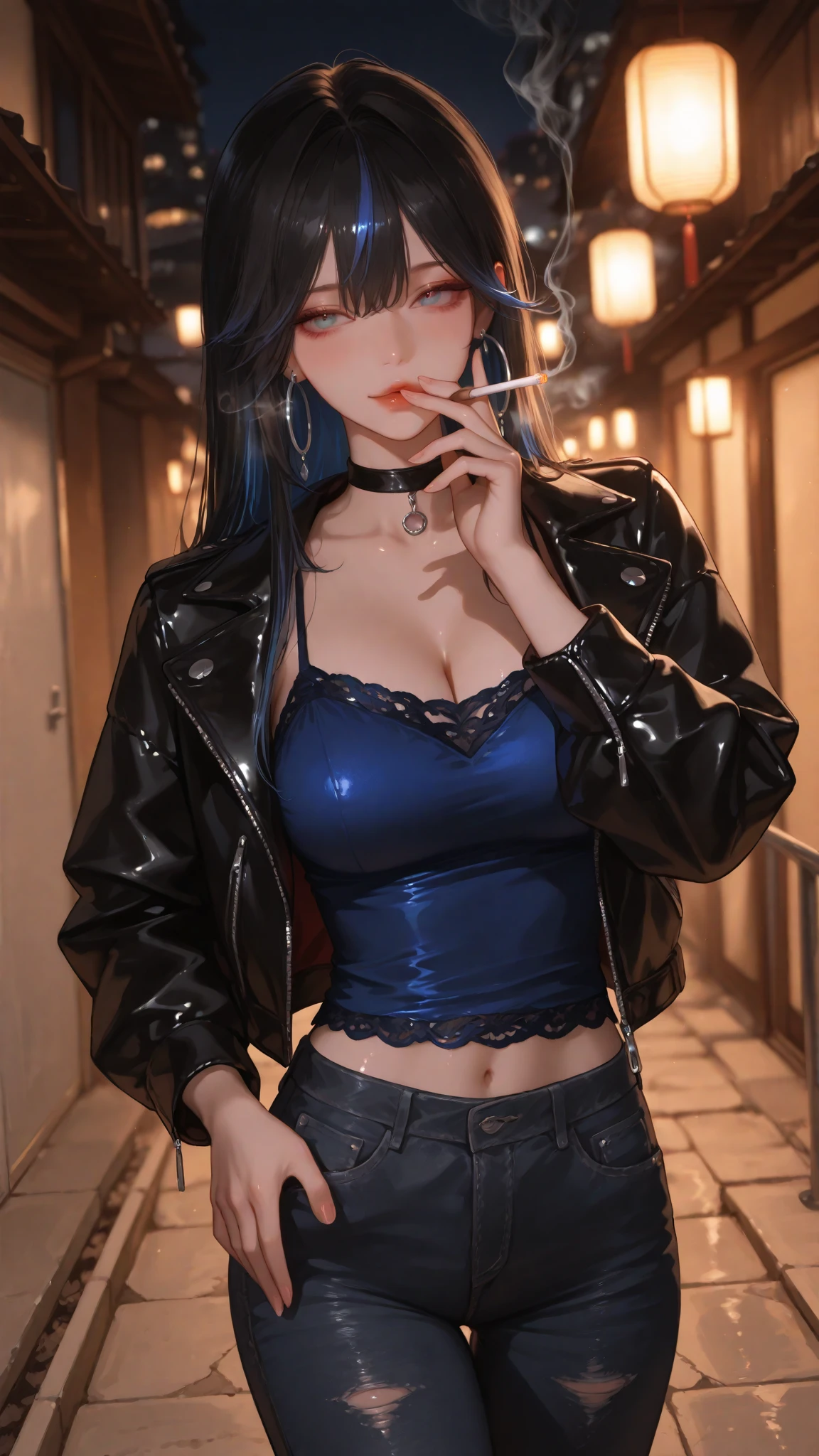 latex, tesomu, 1girl, narrow waist, skinny, large breasts, sky blue hair, long wavy auburn hair, hime cut, burgundy eyes, black latex dress, latex cropped jacket, cross necklace, latex thighhighs, makeup, long eyelashes, jewelry, disneyland, cowboy shot, standing, straight-on, anime style, realistic skin texture, detailed background, beautiful and detailed artwork, <lora:add_detail:0.6> <lora:tesomu-7-epoch-color:0.8>