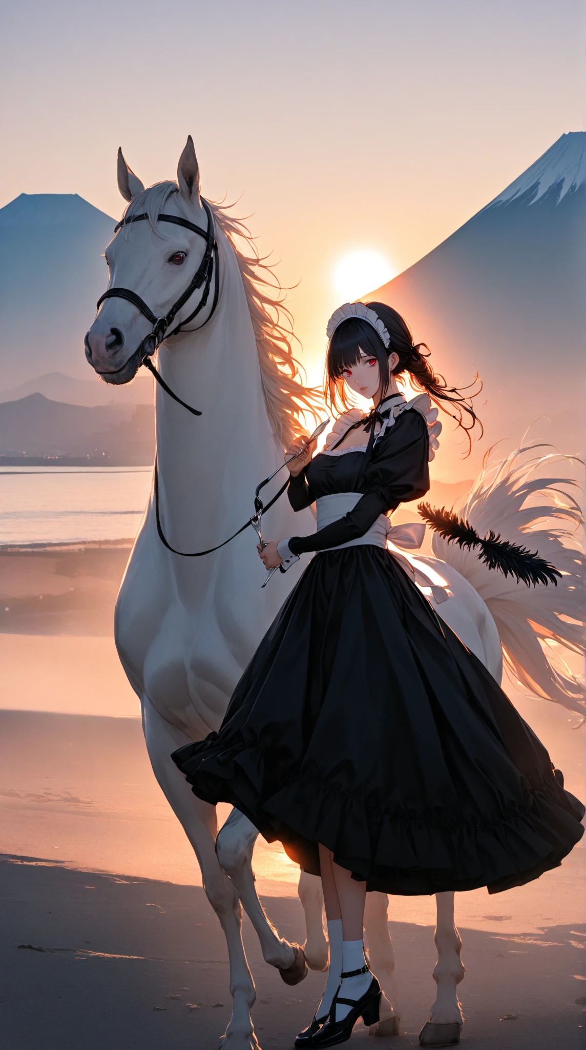 from side,backlight,jumping,horse,princess,tiara,blue eyes,black hair,long hair,blue and white dress