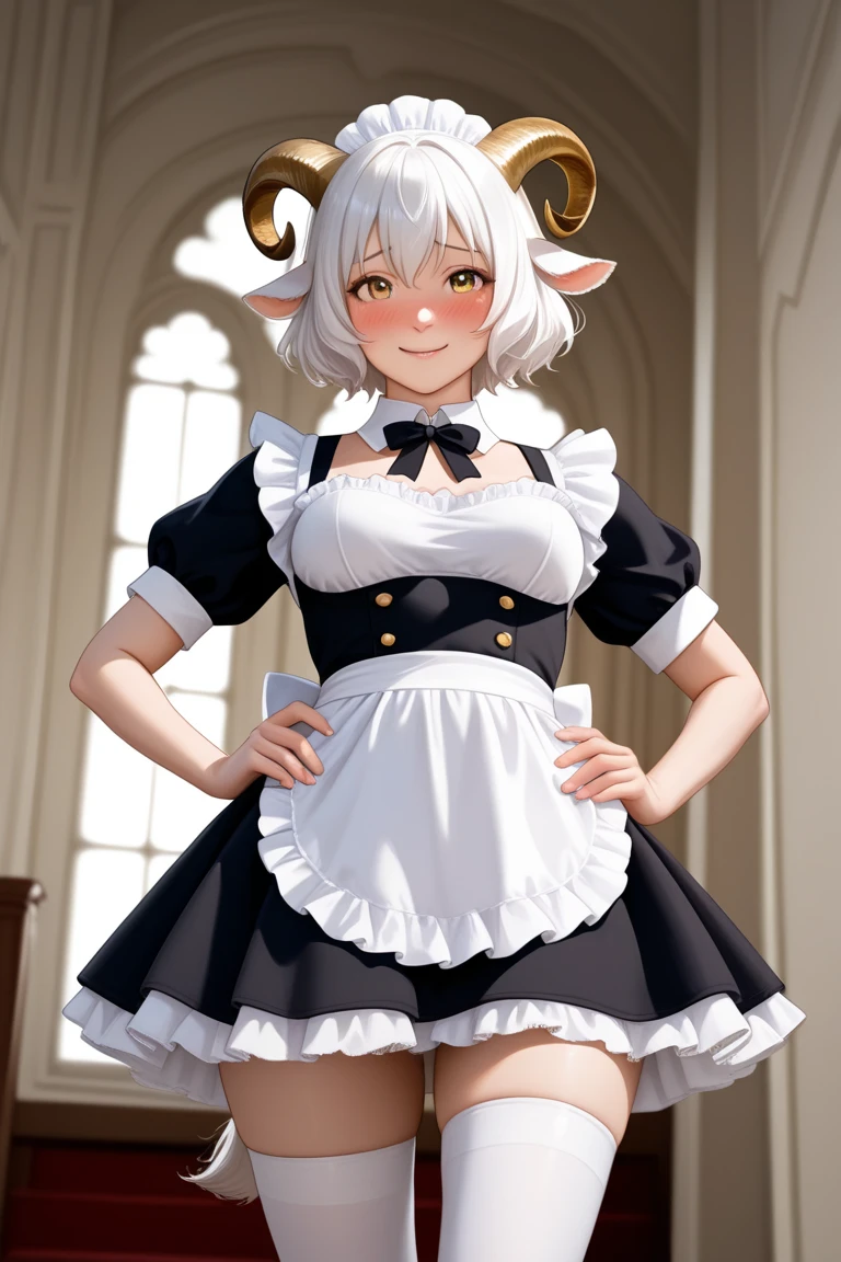 <lora:xl_Disney style(kohaku_delta)-000006:1>,Disney style,3d,1girl,solo,horns,gloves,breasts,bell,white gloves,elbow gloves,apron,maid,cleavage,short sleeves,long hair,blush,grey eyes,puffy sleeves,detached collar,dress,sheep horns,puffy short sleeves,waist apron,large breasts,silver hair,cowbell,curled horns,parted lips,black dress,open mouth,medium breasts,hands on own chest,frills,bangs,white apron,white hair,maid apron,, masterpiece, best quality,