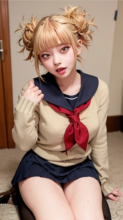 （blonde、himiko toga、white uniform shirt、navy blue uniform skirt、cardigan、red scarf、dark eyeshadow、Patsun、twin tails、Bun head、thin eyebrows、black socks、black loafers））、NSFW、masterpiece、最high quality、high quality、grow、beautiful feces、High resolution、very high resolution、RAW photo、Best Illustration、hyper realistic、1 girl、realistic、super detailed、Photoreal、incredibly absurd、Close-up、floating hair、soft light、movie theater lighting、film grain、full body esbian、Depth of the bounds written、blurred background、Bokeh:1.4、focus of the eye、85mm lens、professionally lit、Lens flare、luminescent particles:0.6、professional writing、Portrait:0.6、photon mapping、radio city、Physically based rendering、japanese girl、sexual excitement:1.5、lifelike face、realistic body、real looking skin、good style、camel toe、pale skin:1.1、cute:1.5