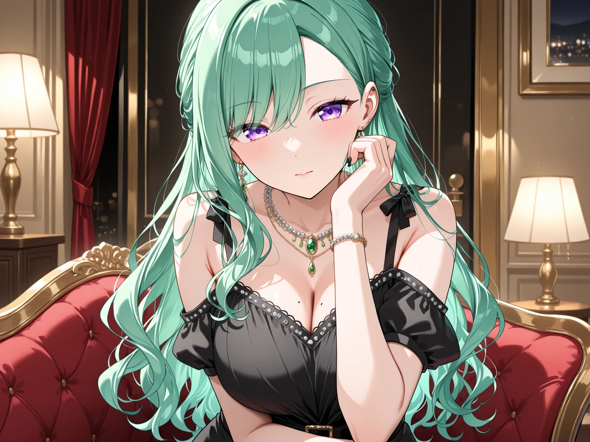 ubel, ubel, long hair, floating hair, hair between eyes, (green hair:1.3), bright pupils, (purple eyes:1.3), smirk, midjourney,
Render an incredibly intricate and photorealistic image of a young girl, appearing around 12-14 years old, attending a luxurious formal ball or dance. She is wearing an exquisitely designed black ballgown covered in delicate lace patterns and details.
The dress should have a full, layered skirt reaching the floor with lace overlays, lace trim along the neckline and sleeves, and possibly lace gloves on her hands. The bodice should be form-fitting with ornate lace embroidery. The lace patterns can include floral designs like roses as well as geometric shapes and swirling patterns.
Her hair should be elegantly styled in an updo with ribbons or jeweled accessories woven throughout. Render her facial features in extremely high definition - her skin should have a porcelain, youthful glow, with rosy cheeks and lips slightly parted in an awestruck expression as she takes in the grandeur of the ballroom around her.
The background should show the interior of an extravagantly decorated 19th century style ballroom - soaring ceilings, crystal chandeliers, floor-to-ceiling windows with heavy drapes, polished wood floors, baroque-style columns and architectural details. The room can be filled with a crowd of formally dressed people dancing, though they should be slightly blurred to keep the focus on the girl.
Pay very close attention to realistic lighting, capturing how the warm glow from the chandeliers and candlelight catches the shimmering details and sequins of her black lace dress. Use intricate shadows and highlights to make the image appear almost three-dimensional and lifelike. The overall mood should be one of wonderment, elegance and fairy-tale fantasy.
(masterpiece:1.2), best quality, high resolution, unity 8k wallpaper, (illustration:0.8), (beautiful detailed eyes:1.6), extremely detailed face, perfect lighting, extremely detailed CG, (perfec