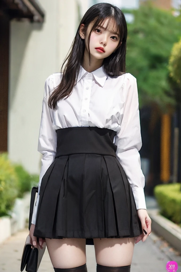 Masterpiece, Best-quality, RAW-photo, Ultra-High-Resolution, Photorealistic, very delicate human skin,
(Anatomically correct, 16-years-old, Realistic Japanese girl, photographer's lover, She truly loves photographer, baby face, cute face, short height, thin waist, big breasts, Slender legs, Large breast, Realistic skin),
((teat, White blouse, button the shirt all the way to the top, nipple protrusions, long skirt:1.3)),
(maiko, Round face, Black hair, Black eyes, Moist eyes, Shining eyes, Short bob cut, Bangs, Down-slating eyebrows, one little earring, Light blush),
(See photographer, look at viewer, standing, spread legs, show inner thighs:1.3),
(Elegant goddess smile, seduce men),
(Tokyo, Shinbashi, very lively Japanese station square),
Natural lighting, full length