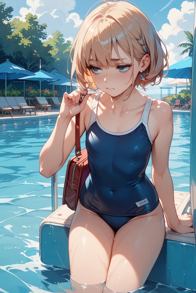 score_9, score_8_up, score_7_up, source_anime, best quality, masterpiece, official art, absurdres, highres, ultra-detailed,waifu2x,Collection: Slice of Life,break,1girl,  short hair, glasses, swimsuit, cleavage, large breasts, beautiful detailed eyes, sweat, open mouth, (yawn:0.3), stretching, sleepily, outdoors, poolside, break,(clear line illustration:1.2), super detailed skin,very high resolution, very aesthetic, Best sexual lighting powered by famous artist, 8k,cute picture,beauty illustration,photoshop_(medium),,(Detailed Lighting),best anime 8k konachan wallpaper, pixiv contest winner, 