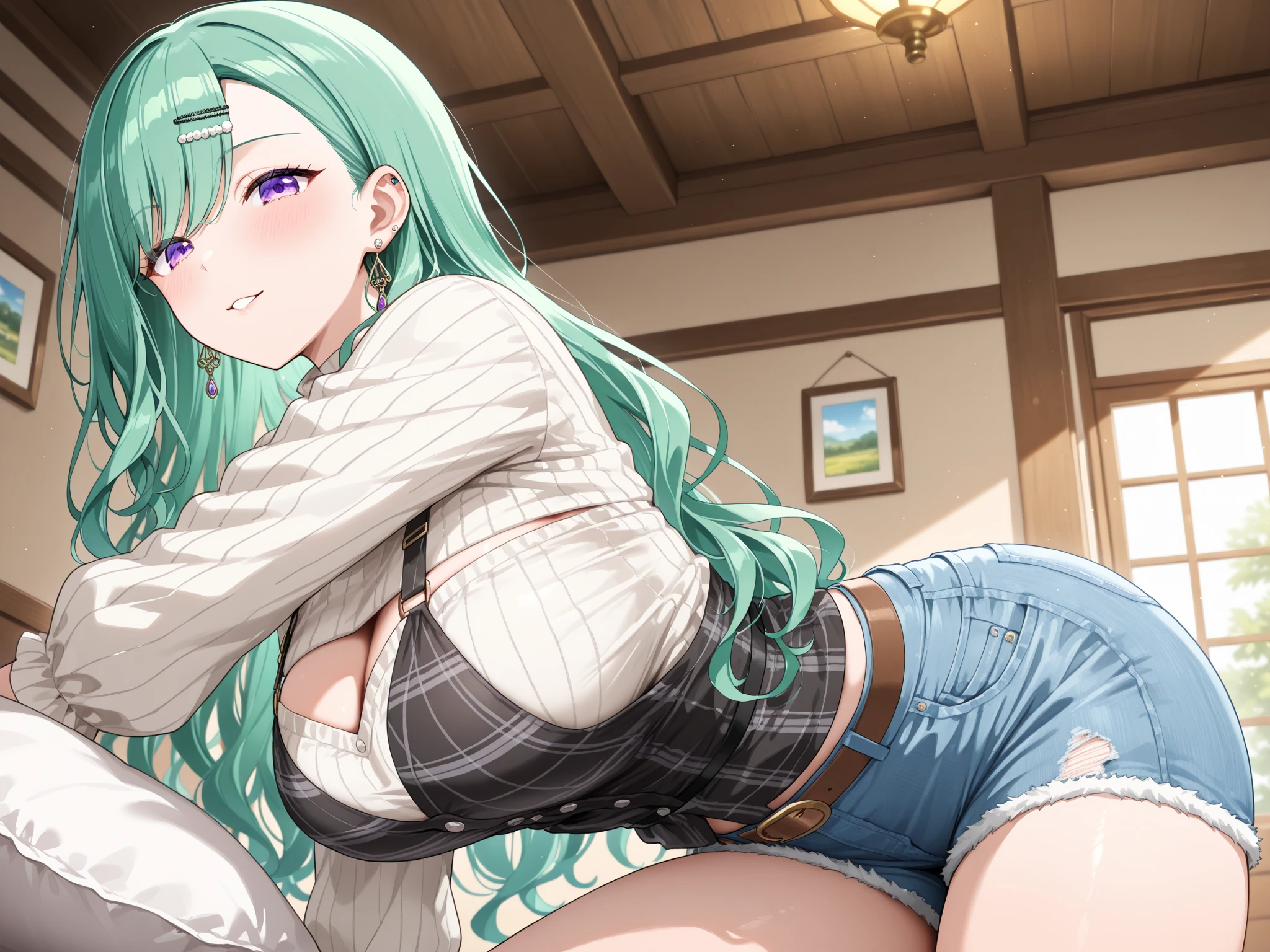 c.c.、code geass、One Woman、Beautiful woman、Thick thighs、Best image quality、High resolution、masterpiece、super high quality、Spread your legsしゃがむ、Super big ass、Black Stripe Bra、Black striped panties、Panties are visible through a very short pleated skirt、Big Ass、Big Breasts 、blush、4k quality、blush、Proud face、Wearing black knee socks、bed、Spread your legsしゃがむ、Panty shot、Sweaty all over、Heavy breathing、chest is bobbing up and down、heart、condescending look、Low Angle、Zoom in on the crotch、(From below:1.2)、Sit on the living room couch with your knees raised, Spread your legs、(Back pose:1.3) or (Rear view:1.2)、Japanese