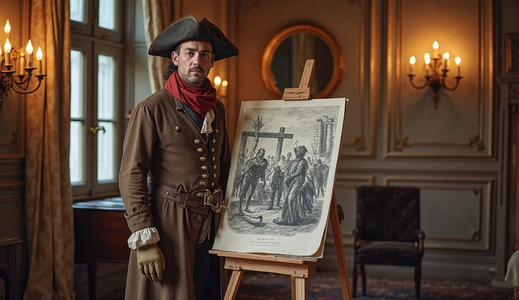 A group of pirates walking out of their own painting in a 3d effect in a museum.