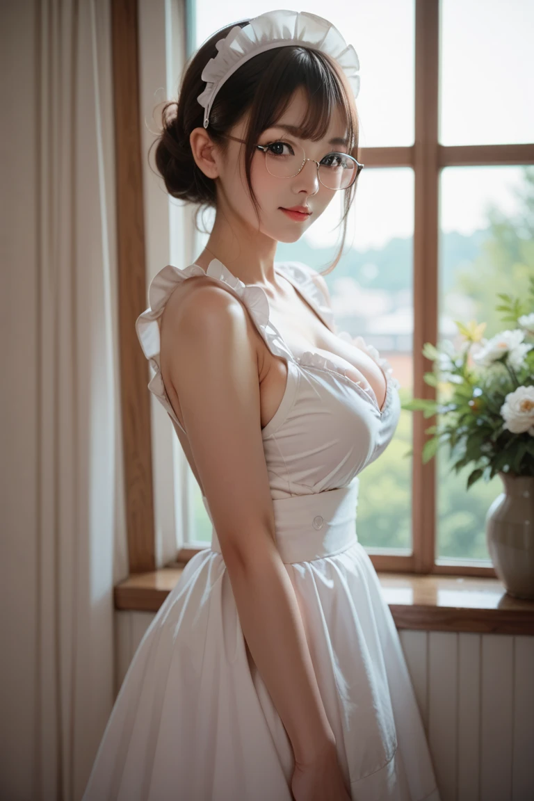 (sweat:0.7),Light yellow wedding dress,white short skirt,woman,japanese,exquisite face, beautiful face,bare shoulders,shoulders slightly exposed,translucent skin,black eyes,black hair,(photorealistic:1.4),realistic details, high resolution,bokeh,outstanding details
