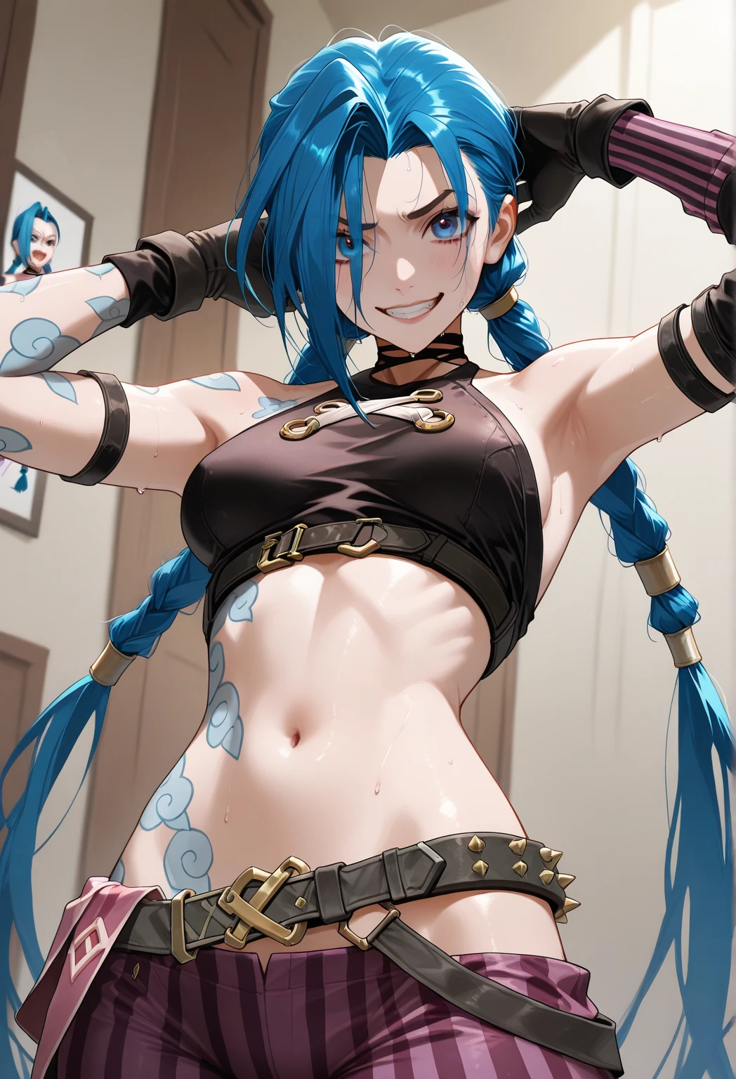 (masterpiece, best quality), jinx, beautiful girl, standing, leaning forward, bent over, winking, (detailed beautiful eyes) underwear, full body shot, visible bellybutton