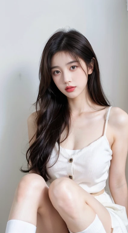 （lifelike,high resolution：1.3）， slim girl， The face shape and eyes are really delicate.,black hair,red glossy lips,(beautiful face), (best quality), (very detailed), (very detailed CG 통합 8k 벽지),((Tight off-shoulder sweater)),(white background),(split),(model photo),sexy look,big eyes,(standing),(air bang),(slim waist line)，eyes looking at the audience,Teardrop-shaped breasts,soft chest,really realistic ,character center,black hair