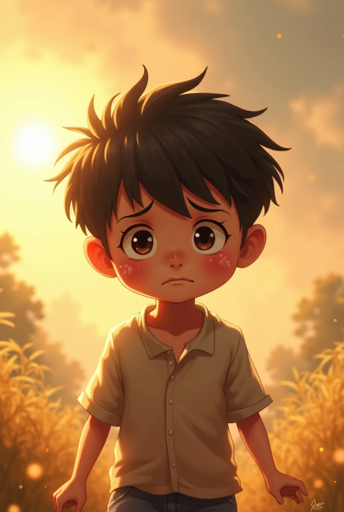 4k，In the setting sun，younge boy，Far perspective。
