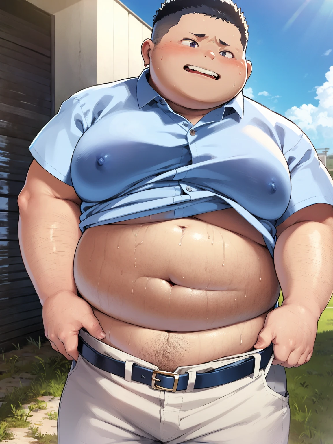 a smiling obese old man, chubby, big fat, detailed realistic portrait, 8k high resolution, sumo physique, side view, perfect center, full view, realistic skin texture, wrinkled face, short hair, thick mustache, jovial expression, huge belly, fat, wearing shorts, high detail, masterpiece, (best quality,4k,8k,highres,masterpiece:1.2),ultra-detailed