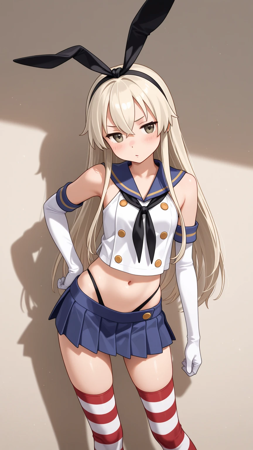 skancolle, grey_eyes, hairband, blonde_hair, serafuku, neckerchief, crop_top, gloves, elbow_gloves, white_gloves, navel, blue_skirt, thighhighs, striped, striped_thighhighs, best_quality, masterpiece, high_res, solo, portrait, looking_at_viewer, mature, very_long_hair